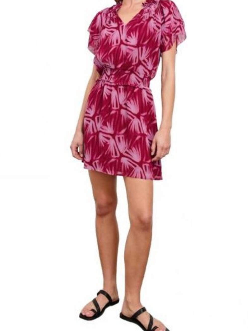 Rails Terrin Bahia Dress XL Pink Magenta Tropical Palm Print Smocked Ruffle Mini
